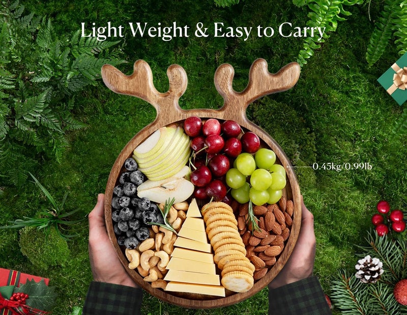 Dofira Acacia Wood Serving Platter, Christmas Decorative Reindeer Antler, 12"x10"Round Wooden Food Dish Display Plate, Charcuterie Board Tray for Cheese Fruit, Kitchen Gift for Housewarming (Gift Box) - Image 3